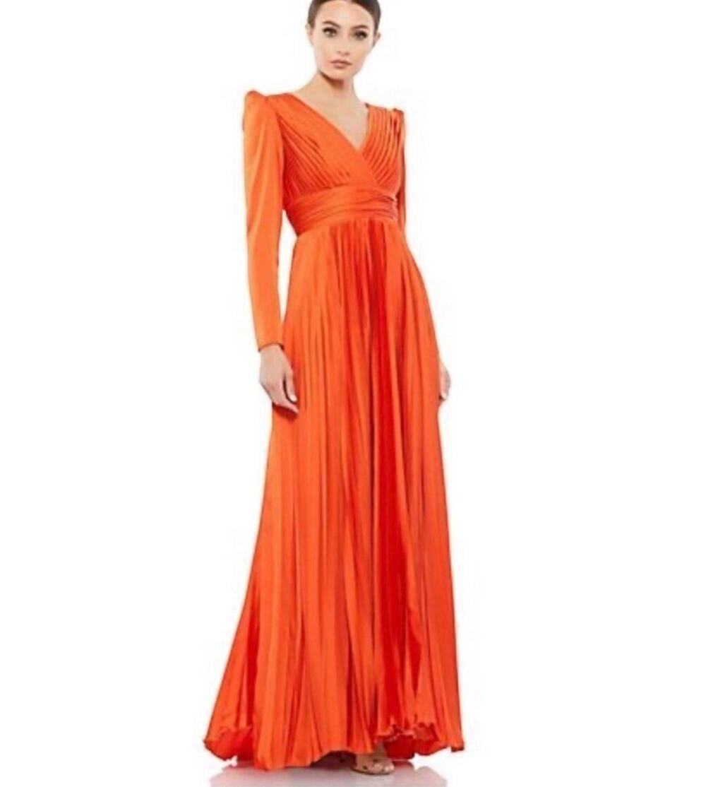 Mac Duggal 26542 Orange Pleated Satin Long Sleeve Empire Waist Gown Size 8 $458